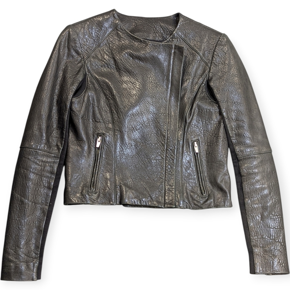 Veda Dallas Leather Motor Jacket Size S Black Stretchy Sleeve Panel Biker 100% L